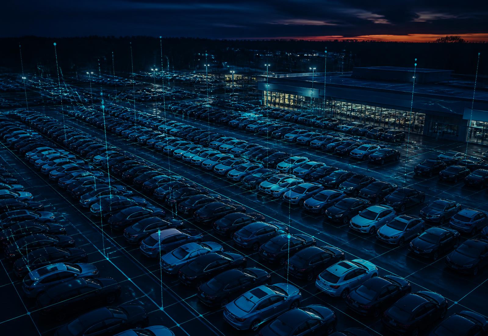 Aerial view of a dealership lot at dusk overlaid with collateral analytics markers